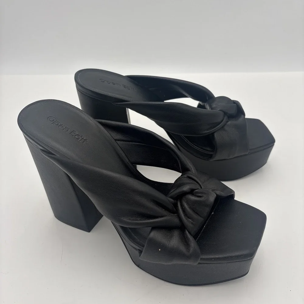 Open Edit Platform Sandals Size 6.5 Black Square Open‎ Toe Knotted Heels
